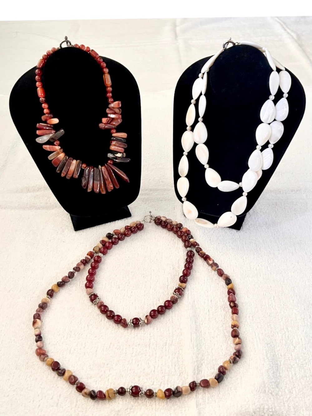 Lot of 3 Necklaces long multi strand real stone agate white amber brown